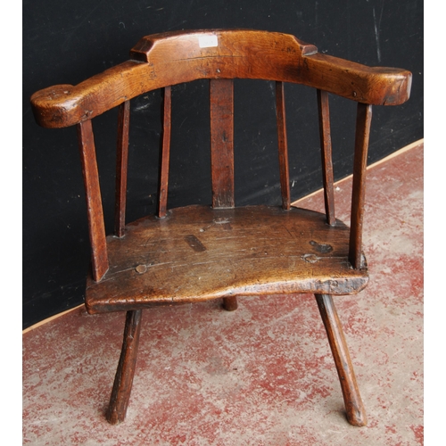 390 - 18th century primitive ash and elm Windsor armchair with low back rest, scroll frame, stick and rail... 