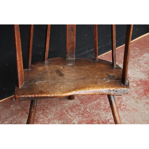 390 - 18th century primitive ash and elm Windsor armchair with low back rest, scroll frame, stick and rail... 