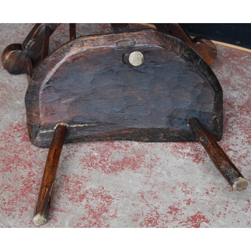 390 - 18th century primitive ash and elm Windsor armchair with low back rest, scroll frame, stick and rail... 