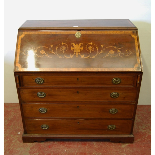 391 - George III style antique inlaid mahogany writing bureau, the fall front with satinwood inlaid floral... 