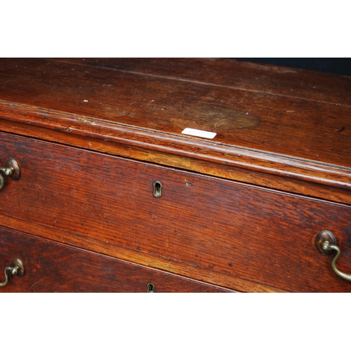 393 - George III oak chest of four graduated long drawers, on bracket feet, 93cm high, 97.5cm wide and 49c... 