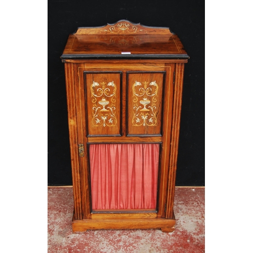 396 - Rosewood inlaid music cabinet, c. early 20th century, the door with two matching panels of inlaid iv... 