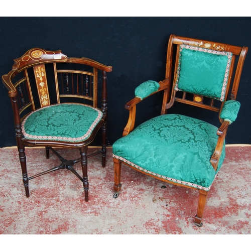 397 - Mahogany inlaid bowfront corner chair, c. early 20th century, with balustrade and spindle columns to... 