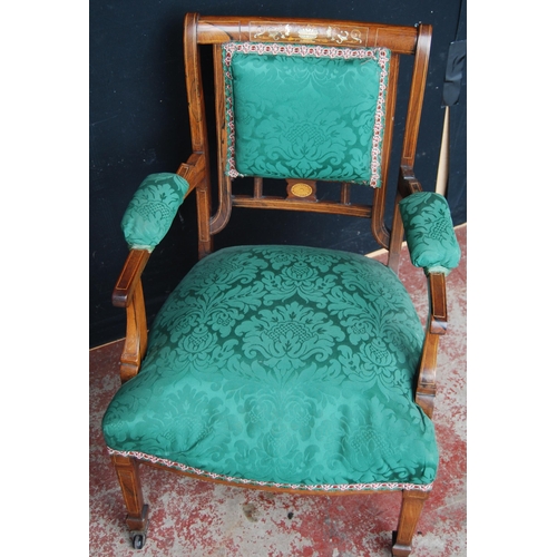 397 - Mahogany inlaid bowfront corner chair, c. early 20th century, with balustrade and spindle columns to... 