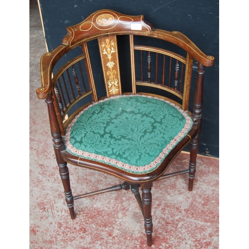 397 - Mahogany inlaid bowfront corner chair, c. early 20th century, with balustrade and spindle columns to... 