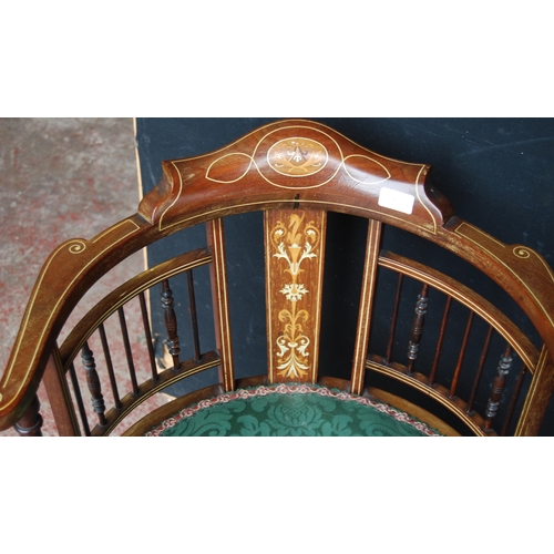 397 - Mahogany inlaid bowfront corner chair, c. early 20th century, with balustrade and spindle columns to... 