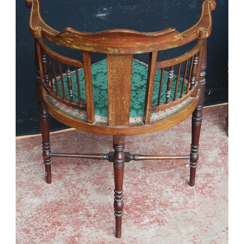 397 - Mahogany inlaid bowfront corner chair, c. early 20th century, with balustrade and spindle columns to... 