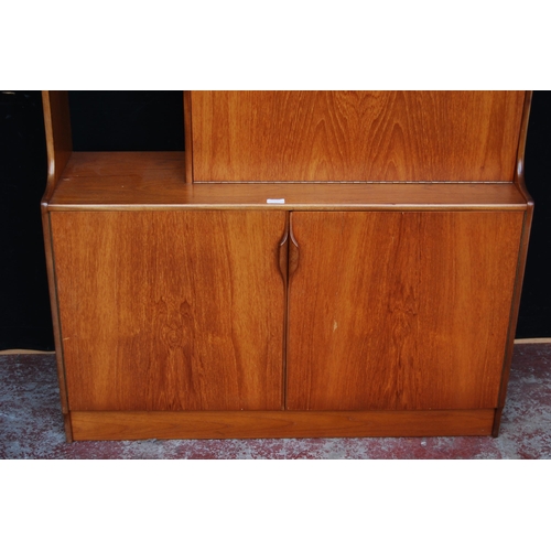 398 - Retro teak display cabinet by S Form, with sliding glazed doors above open shelving and a fall front... 