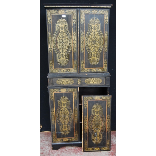 401 - 19th century ebonised Boulle-work cabinet on base, the top section with two doors enclosing a shelve... 