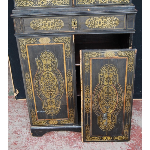 401 - 19th century ebonised Boulle-work cabinet on base, the top section with two doors enclosing a shelve... 