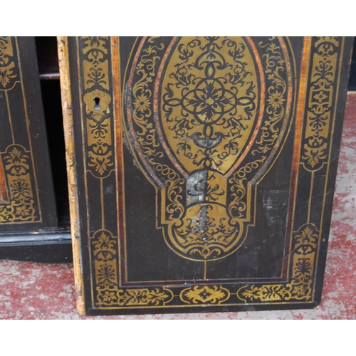 401 - 19th century ebonised Boulle-work cabinet on base, the top section with two doors enclosing a shelve... 