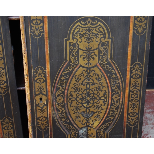 401 - 19th century ebonised Boulle-work cabinet on base, the top section with two doors enclosing a shelve... 