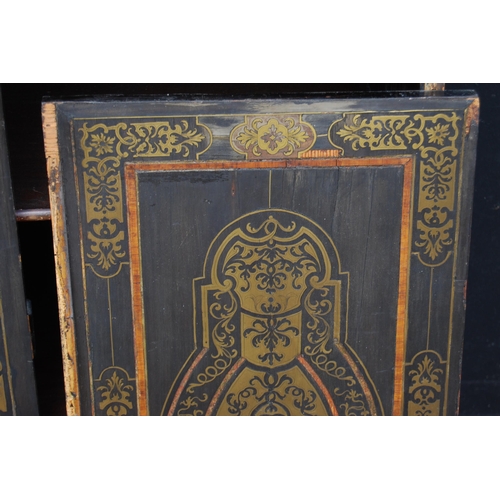 401 - 19th century ebonised Boulle-work cabinet on base, the top section with two doors enclosing a shelve... 