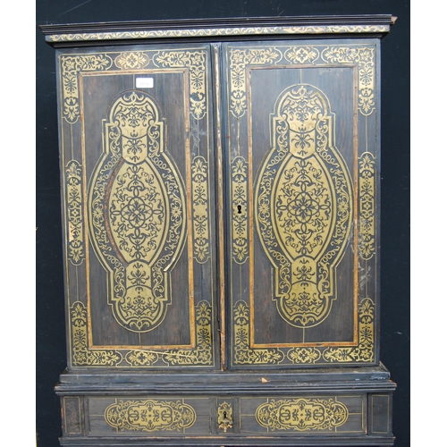 401 - 19th century ebonised Boulle-work cabinet on base, the top section with two doors enclosing a shelve... 