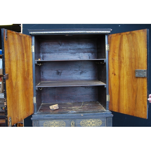 401 - 19th century ebonised Boulle-work cabinet on base, the top section with two doors enclosing a shelve... 