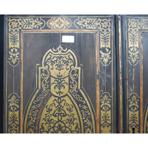 401 - 19th century ebonised Boulle-work cabinet on base, the top section with two doors enclosing a shelve... 