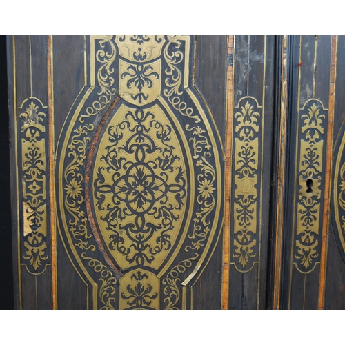 401 - 19th century ebonised Boulle-work cabinet on base, the top section with two doors enclosing a shelve... 