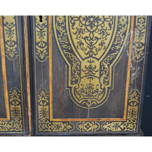 401 - 19th century ebonised Boulle-work cabinet on base, the top section with two doors enclosing a shelve... 