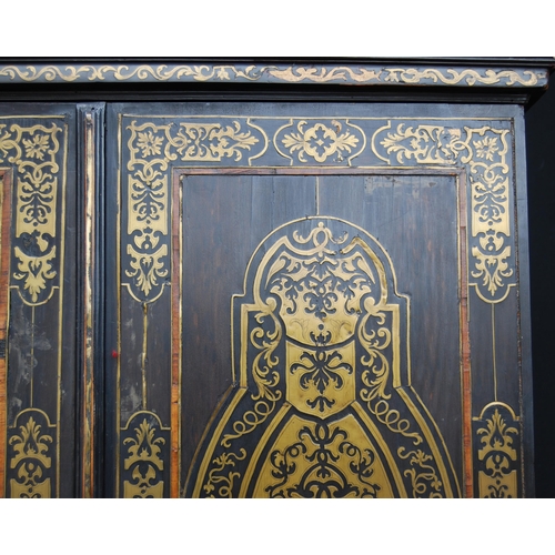 401 - 19th century ebonised Boulle-work cabinet on base, the top section with two doors enclosing a shelve... 