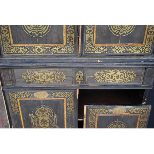 401 - 19th century ebonised Boulle-work cabinet on base, the top section with two doors enclosing a shelve... 