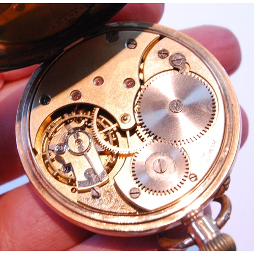 141 - Swiss keyless lever watch in gold open face case, '14k', metal cuvette, 75.7g gross.