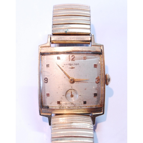 143 - Hamilton gent's watch with square silvered dial in gold, '14k', inscribed and dated 1959, case back ... 