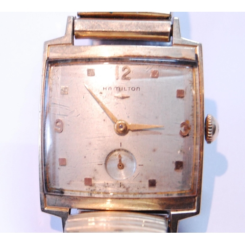 143 - Hamilton gent's watch with square silvered dial in gold, '14k', inscribed and dated 1959, case back ... 