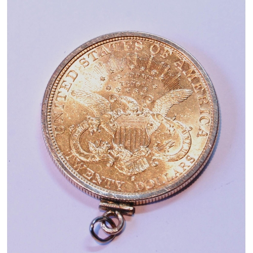 127 - USA Gold 20 dollars, 1888, in detachable milled mount, 35g gross.