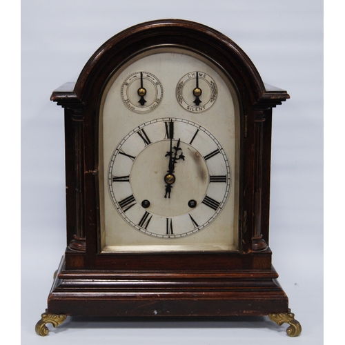 166 - German eight day mahogany-cased bracket clock, the silvered twin train dial with slow-fast, chime-si... 