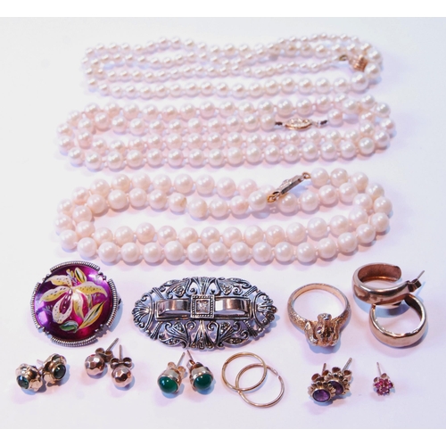 87 - Three pearl necklets, a marcasite brooch, various earrings and other items, some gold.