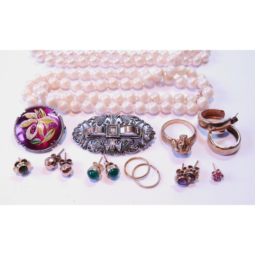 87 - Three pearl necklets, a marcasite brooch, various earrings and other items, some gold.