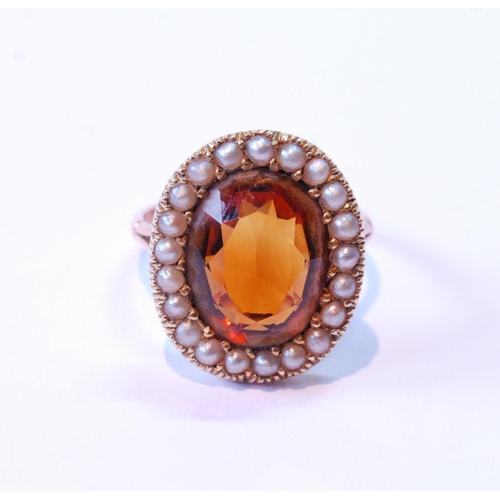 88 - Pearl and citrine oval ring in gold, '9c', size K.