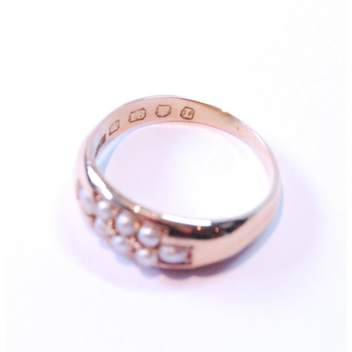 89 - 18ct gold ring with two rows of pearls, 1886, size L, 3.8g.