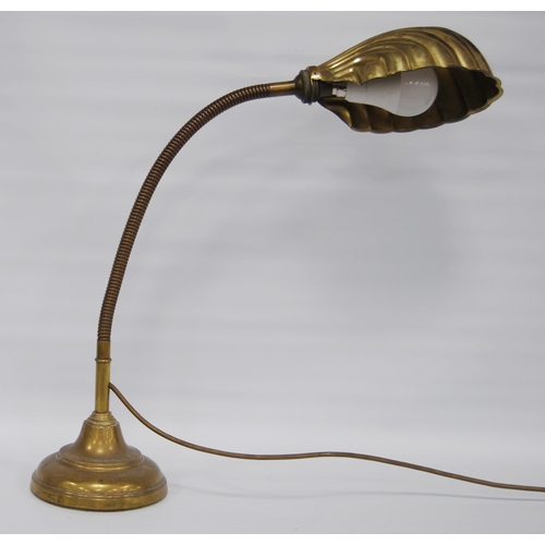 177 - Art Deco brass 'shell' desk lamp, the shade supported upon a brass adjustable gooseneck arm on a wei... 