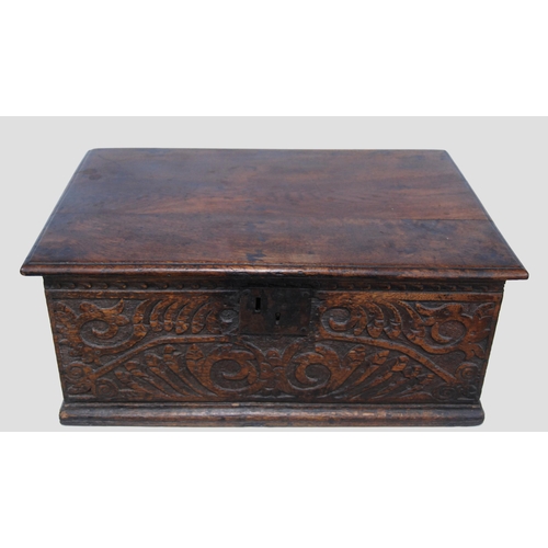 178 - Antique oak bible box, c. late 17th/early 18th century, the hinged top above a carved foliate frieze... 