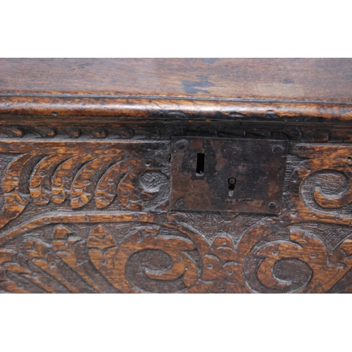 178 - Antique oak bible box, c. late 17th/early 18th century, the hinged top above a carved foliate frieze... 