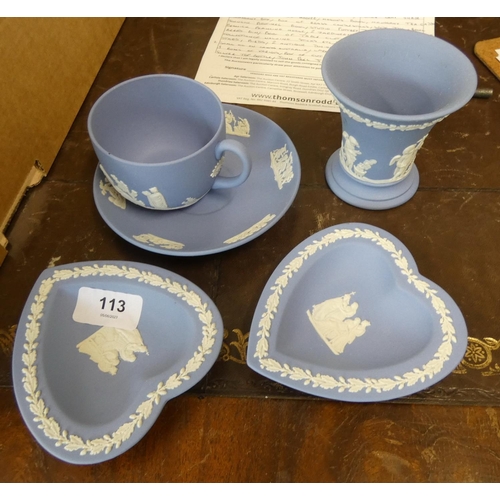 113 - Group of Wedgwood blue jasper wares, to include pair of heart shaped dishes, vase etc