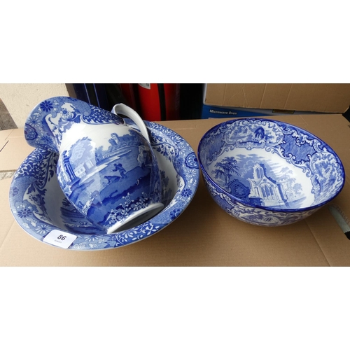 86 - Blue and white Spode jug and bowl and a blue and white Johnson Brothers bowl. (2).