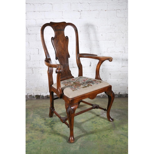 647 - Fine early 20th century walnut carver armchair, having shaped top rail, splat with scroll motifs, ou... 