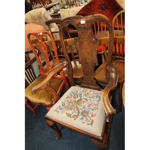 647 - Fine early 20th century walnut carver armchair, having shaped top rail, splat with scroll motifs, ou... 