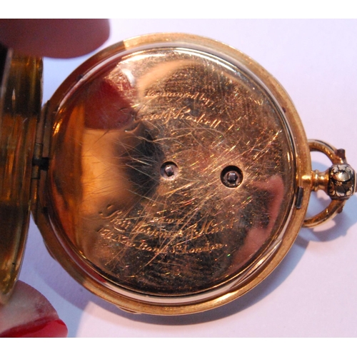 152 - Cylinder watch by Moulinie, Geneva, with gold dial in gold open face case, the back enamelled with a... 