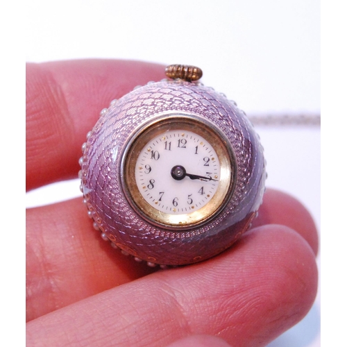 153 - Silver ball pendant watch, engraved and enamelled in guilloché, with scrolls, Import Marks, 1912, 25... 