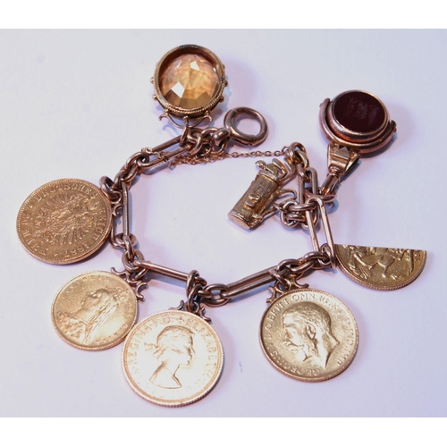 107 - 9ct gold bracelet of fetter and ring pattern with two sovereigns, 1911 and 1958, 20 marks, 1887, a h... 