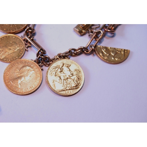 107 - 9ct gold bracelet of fetter and ring pattern with two sovereigns, 1911 and 1958, 20 marks, 1887, a h... 