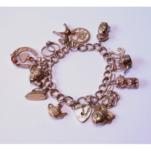 112 - 9ct gold charm bracelet, 34g.