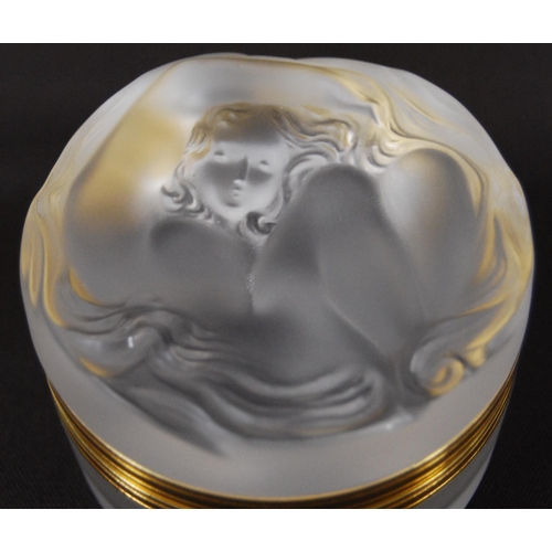 219 - Lalique of France frosted glass dressing table jar of cylindrical form (20th century) with relief nu... 