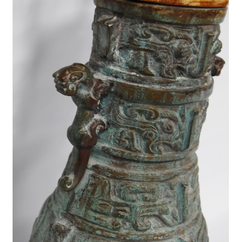 282 - Oriental verdigris (green) cast vase/lamp (20th century) of archaic form, vase 37cm high, converted ... 