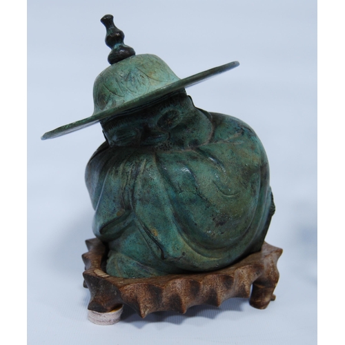 286 - Chinese verdigris (green) cast bronze figure (20th century) modelled as a sleeping immortal, 12cm hi... 