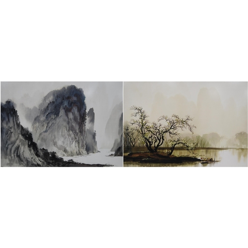 287 - He Zheng Qiang (Chinese, b. 1937)Chinese landscapes, a pairSigned, watercolour, 50cm x 74cm, with ac... 