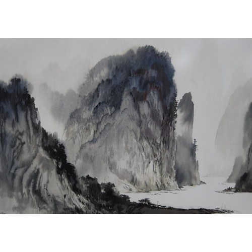 287 - He Zheng Qiang (Chinese, b. 1937)Chinese landscapes, a pairSigned, watercolour, 50cm x 74cm, with ac... 